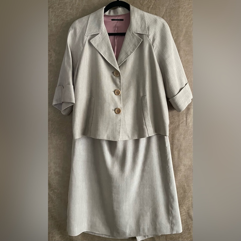 Elie Tahari 2pc Silk Blend  Tweed Beige Short Cuff Sleeve Jacket/Skirt Sz Med